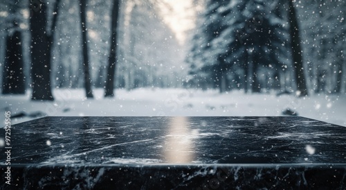 A serene winter landscape with a dark marble surface in a snowy forest setting.