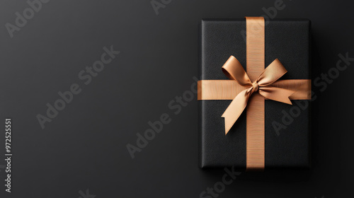 Red gift box with gold bow, isolated on drak background, perfect for Christmas, birthday, or any special occasion photo