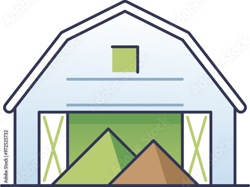 Illustration of a barn used for storage, with large doors and a pitched roof.