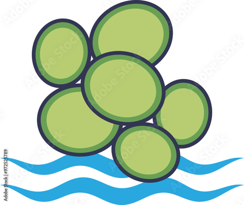 Cartoon algae floating on water, symbolizing aquatic plant life.