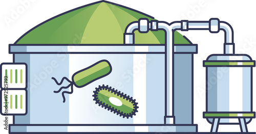 Illustration of a biogas digester and storage tanks with pipes and gauges, representing renewable energy production.