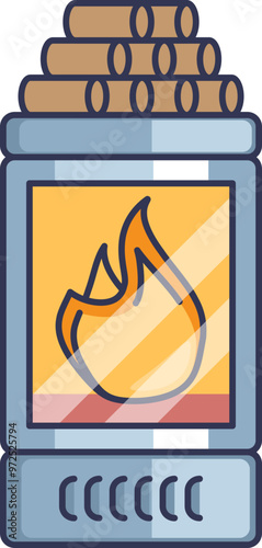 Cartoon of a pellet stove with flames, symbolizing warmth and energy efficiency.