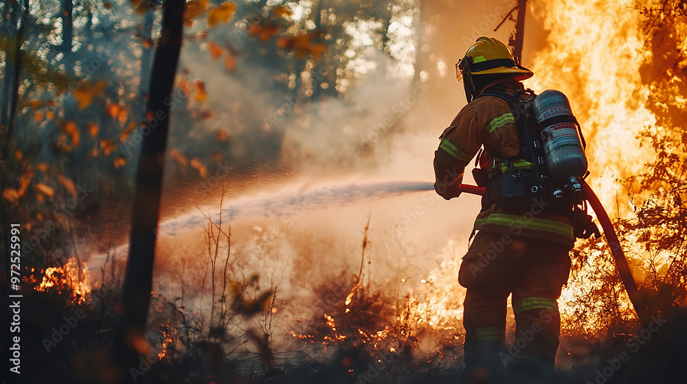 Naklejka premium firefighters put out the fire in the forest 