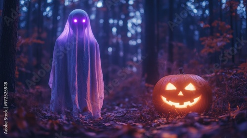 Ghost with glowing eyes and carved pumpkin in forest.