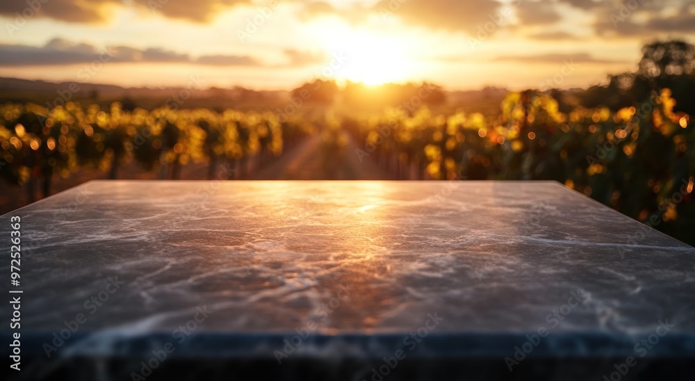 custom made wallpaper toronto digitalA marble table reflects sunset light over a vineyard landscape.