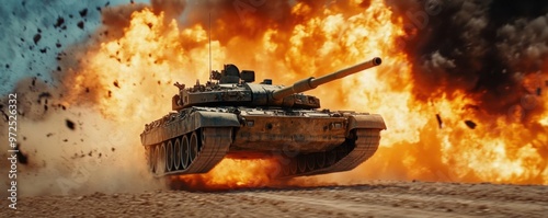 Battle Tank Advancing Through Explosive War Zone with Smoke and Fire - Military Power and Destruction Concept photo