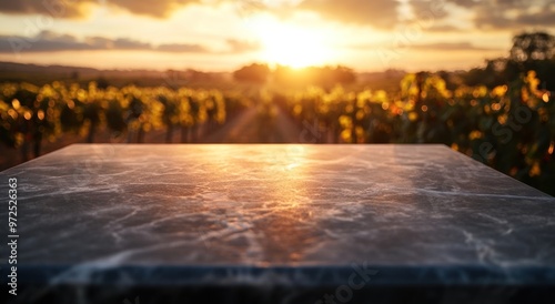 Wallpaper Mural A marble table reflects sunset light over a vineyard landscape. Torontodigital.ca