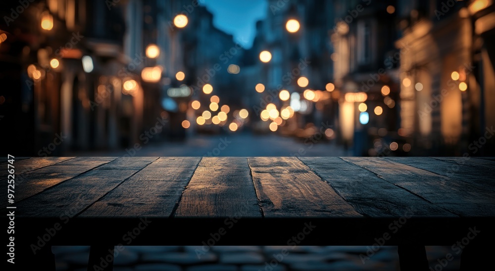 A dimly lit street scene with a wooden table in the foreground and blurred lights in the background. A dimly lit street scene with a wooden table in the foreground and blurred lights in the background.