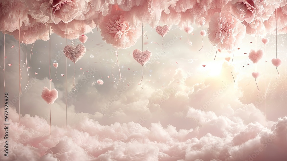 A dreamy romantic pastel setting with a soft fluffy clouds, decorations, hearts, flowers, party card, newborn, baby shower. 