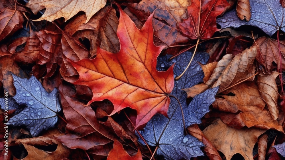 Autumnal background, closeup of fallen leaves with rich colours and intricate details. Autumnal background, closeup of fallen leaves with rich colours and intricate details.