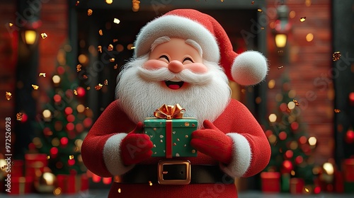 3d render cartoon character santa claus hand appears from the mobile phone screen and holds green gift box festive ornaments levitate christmas animation with re3d background and golden confetti