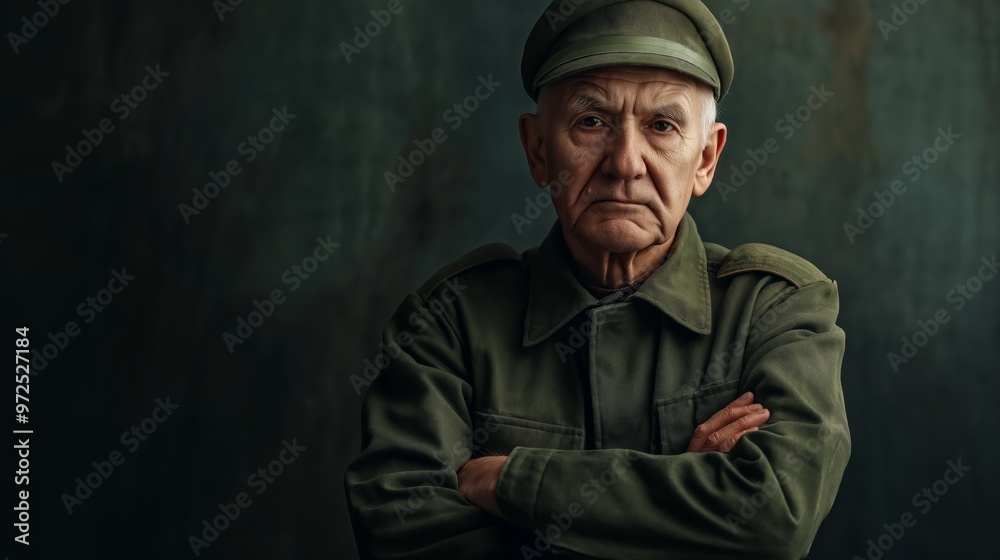 Elderly Male Russian Soldier with Arms Crossed in Uniform, Dark Background, Studio Portrait