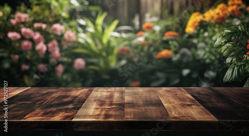 A wooden table in front of a vibrant garden filled with flowers and greenery.