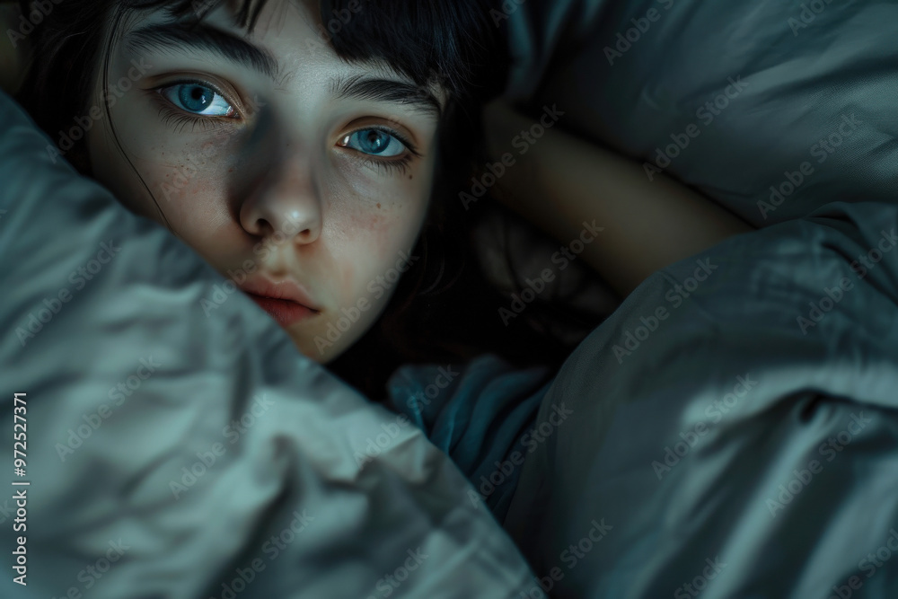 Young girl in bed, sleepless unable to sleep, sad frightened with nightmares at night bedtime eyes open Young girl in bed, sleepless unable to sleep, sad frightened with nightmares at night bedtime eyes open