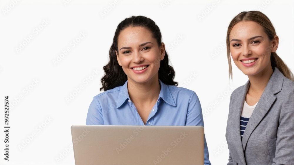 Smiling Professional Women Holding Laptop in Studio on White Background