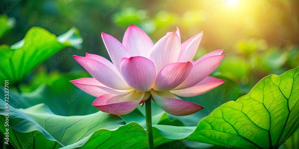 Obraz premium Soft pink lotus blooms with delicate petals and a sturdy green stem, set against a tranquil backdrop of