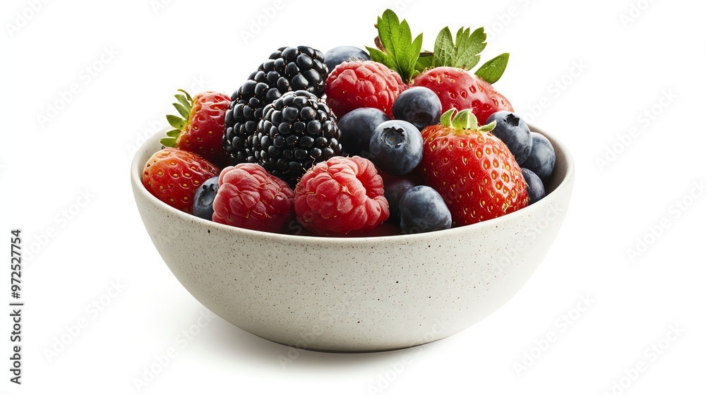 A bowl of fresh berries, including strawberries, blueberries, raspberries, and blackberries. A bowl of fresh berries, including strawberries, blueberries, raspberries, and blackberries.