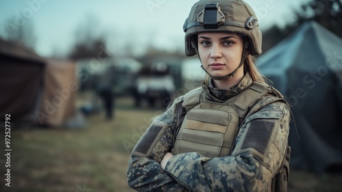 Young Polish Female Soldier in Military Gear Standing Confidently in Outdoor Army Camp Setting