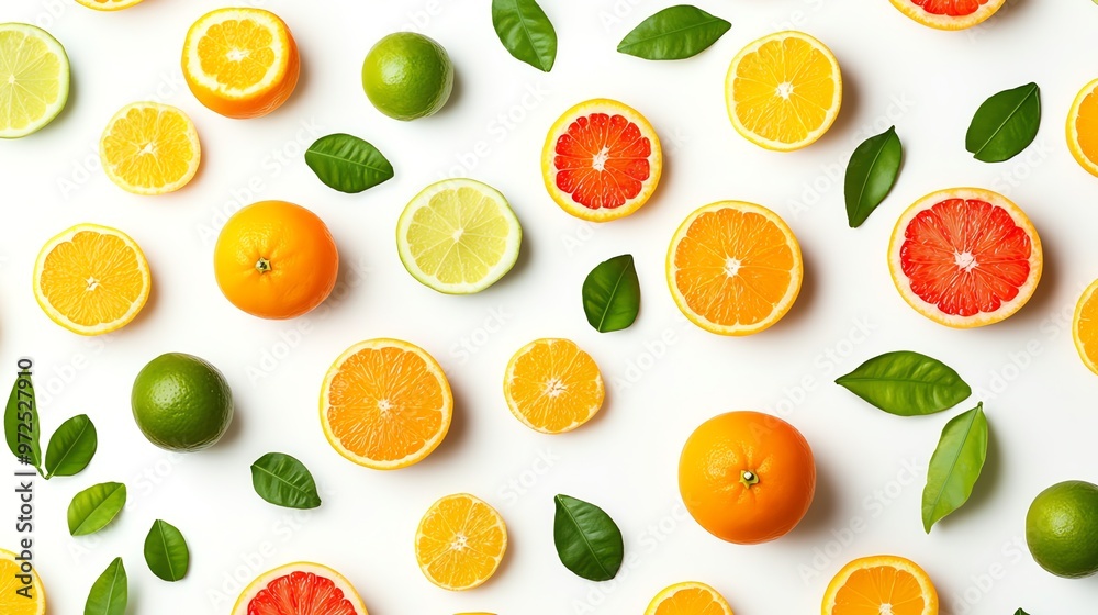 A flat lay of citrus fruits and leaves on a white background. A flat lay of citrus fruits and leaves on a white background.