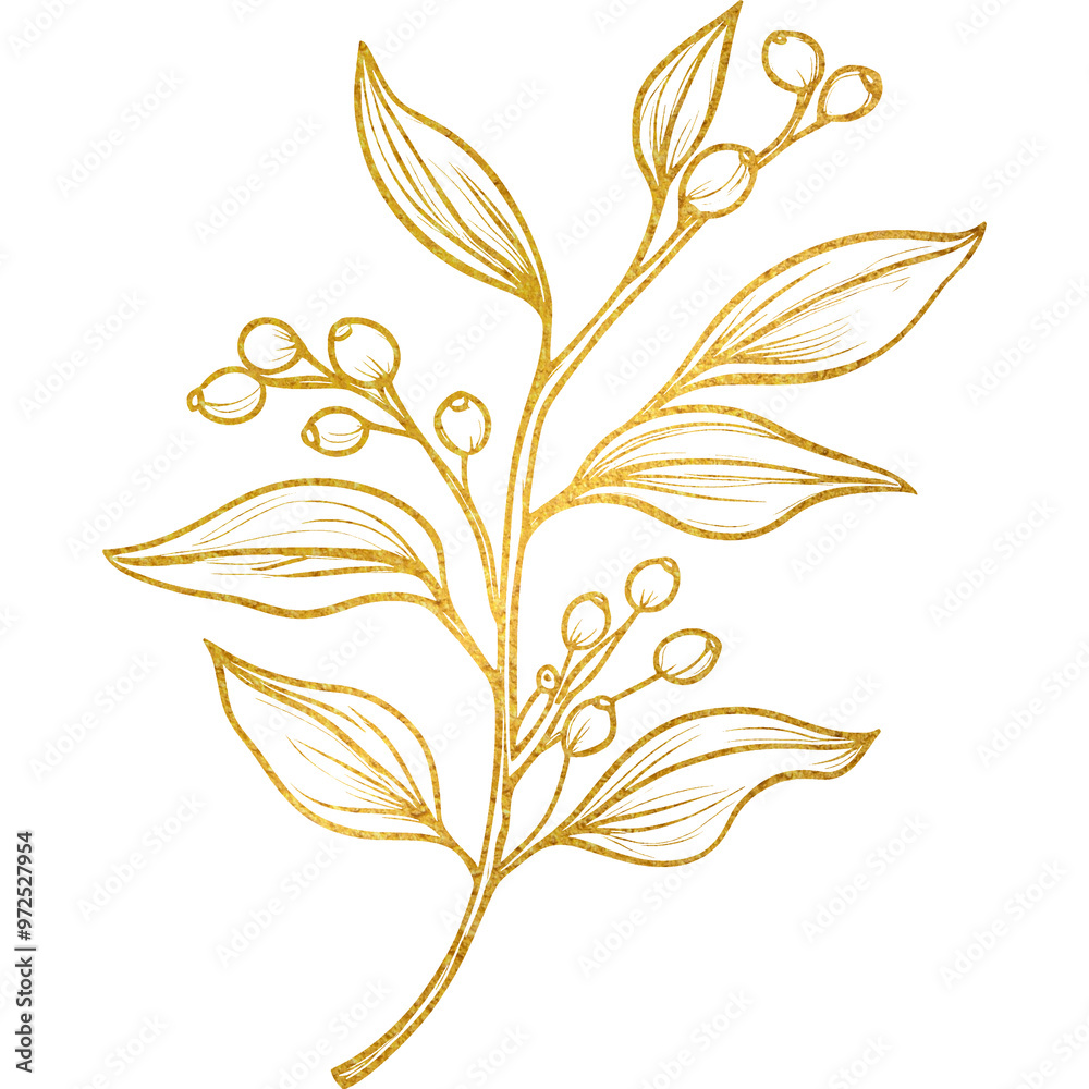 Fototapeta premium Elegant Gold Botanical Branch with Berries Illustration, Minimalist Nature-Inspired Design