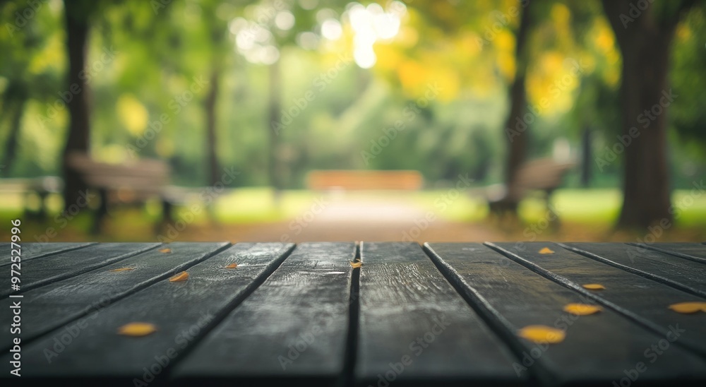Fototapeta premium A serene park scene with a wooden table and blurred greenery in the background.