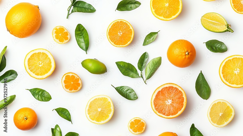 A flat lay of fresh citrus fruits and leaves on a white background. A flat lay of fresh citrus fruits and leaves on a white background.