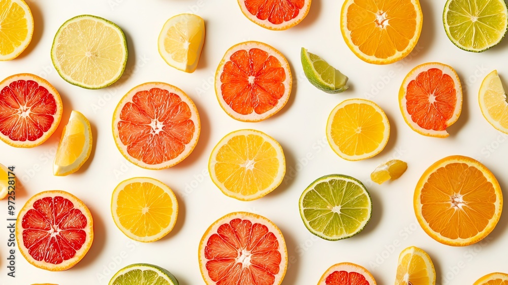 Obraz premium A flat lay of various citrus fruits: oranges, lemons, limes, and grapefruit.