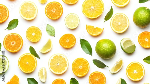 Wallpaper Mural Fresh citrus fruits and green leaves on white background. Torontodigital.ca