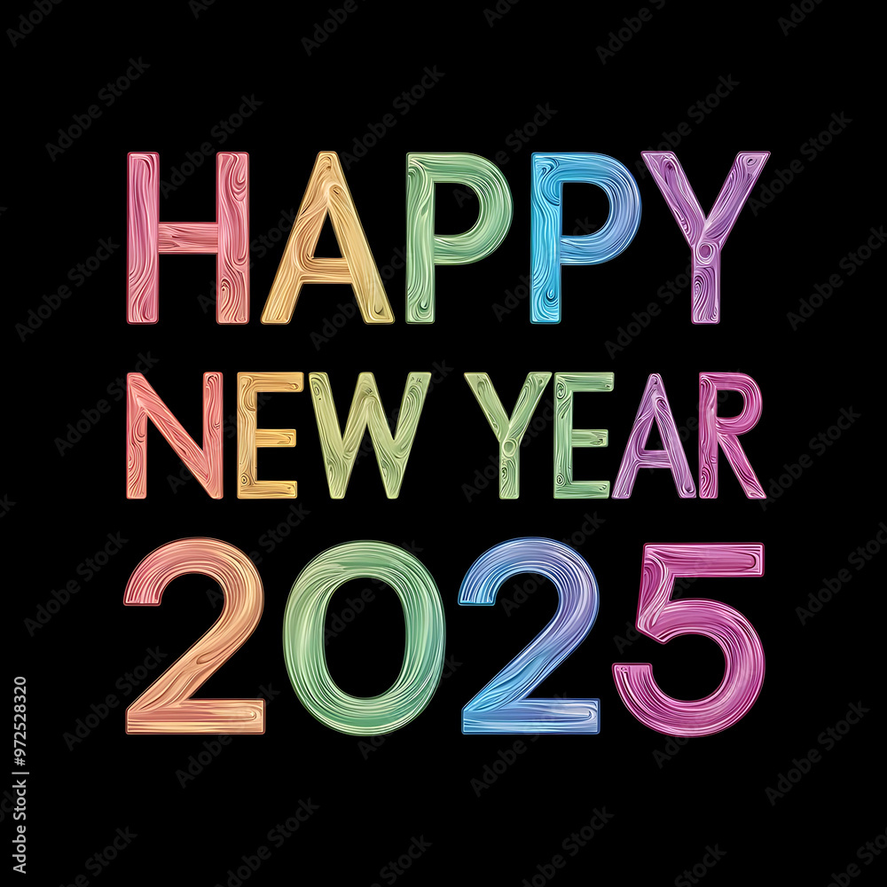 Happy new year typography, Neon sign letter, rainbow color and black background.