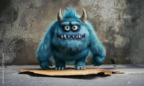 Niedliches Cartoon-Monster mit blauem Fell und Hörnern