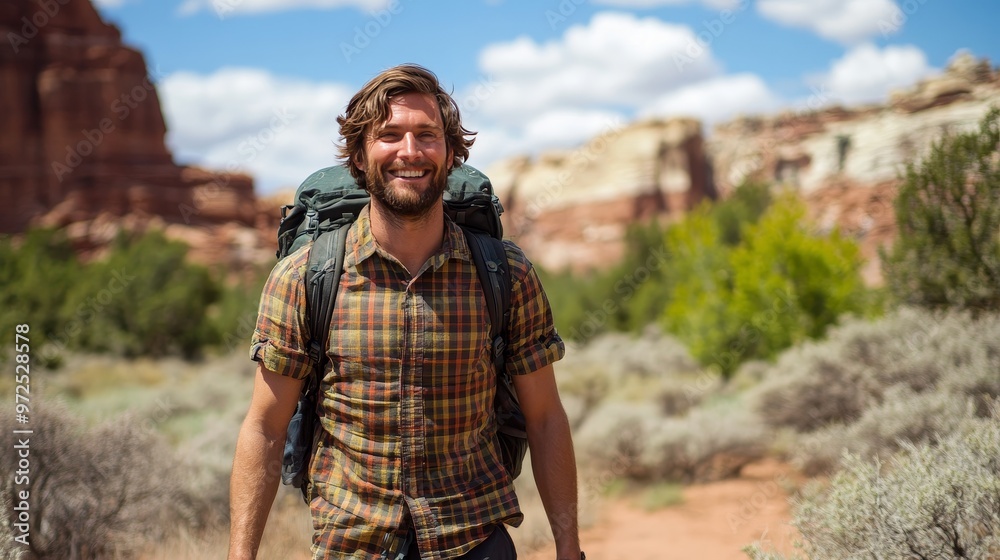 Naklejka premium A happy, smiling tourist man between the ages of 30 and 35 hikes through a national park with his backpack.