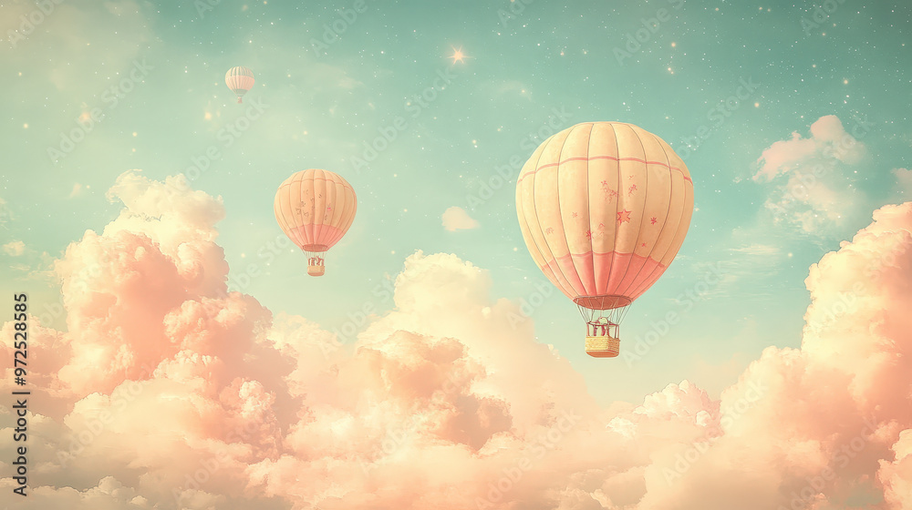 Fototapeta premium Vintage hot air balloons with soft pastel hues floating in the sky