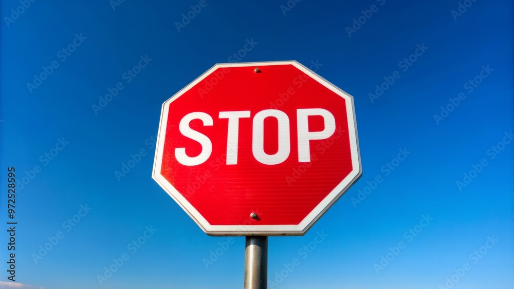 **STOP** in bold white letters on a red octagonal sign suspended from a metal pole against a brilliant **STOP** in bold white letters on a red octagonal sign suspended from a metal pole against a brilliant