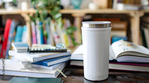 White thermal tumbler mockup on study desk books and potted plant in background