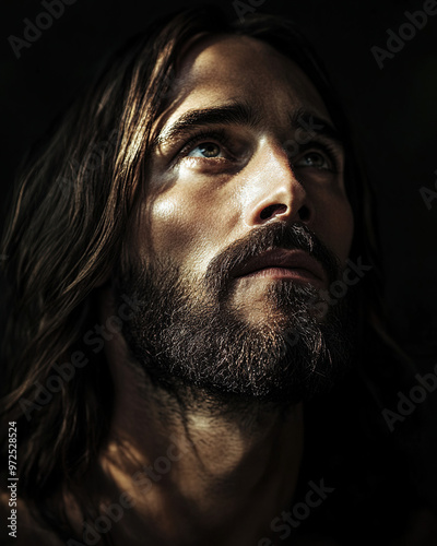 Portrait of Jesus Christ, capturing his serene and compassionate demeanor. The image often features traditional elements such as gentle facial expressions, flowing hair, and a symbolic aura, represent