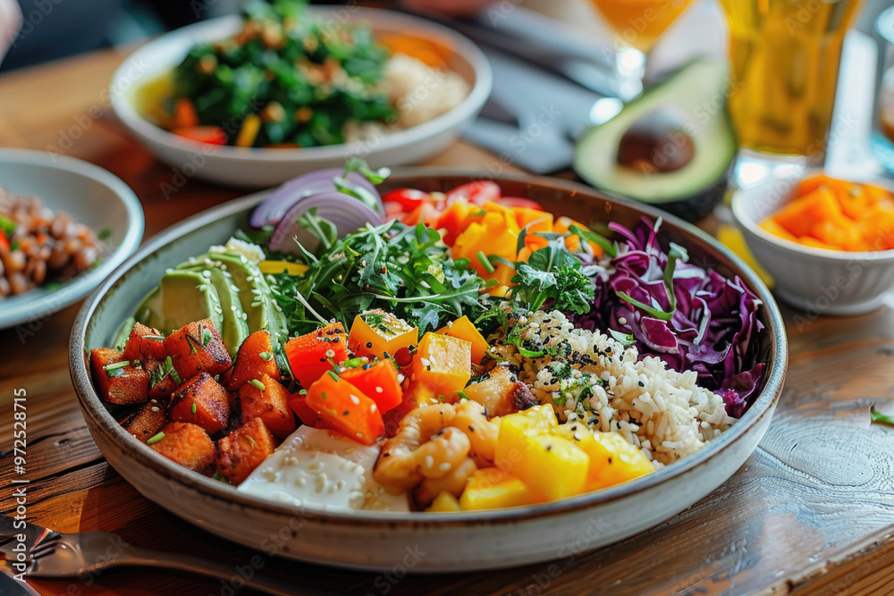 Colorful Fresh Vegan Salad with Avocado, Chickpeas, and Cherry Tomatoes on Rustic Wooden Table