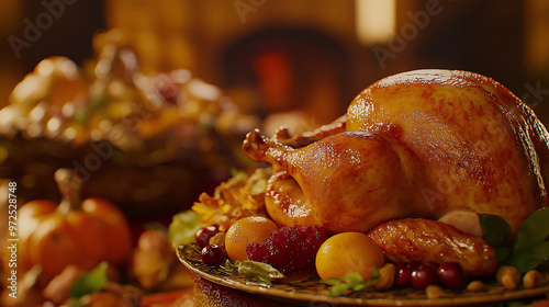 Thanksgiving table set with festive decorations, including a beautifully roasted turkey, seasonal side dishes, and autumn-themed tableware. The setup features a warm and inviting atmosphere perfect fo