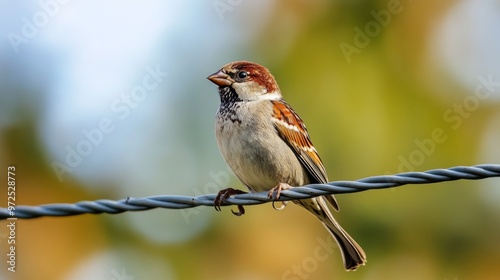 A small brown sparrow perched on a wire with a blurred background of green and blue.