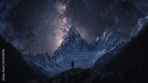 A lone backpacker stuggles up a mountain at night, driven by the allure of the Milky Way and the stars above. photo