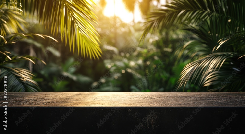 A serene tropical setting with a stone surface and lush greenery illuminated by sunlight. A serene tropical setting with a stone surface and lush greenery illuminated by sunlight.