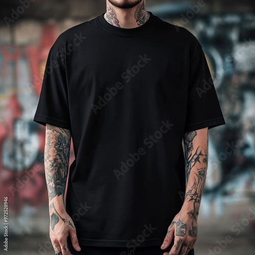 Black t-shirt mockup on a tattooed man, posed against a vibrant street backdrop featuring graffiti art, showcasing an urban vibe and casual style.