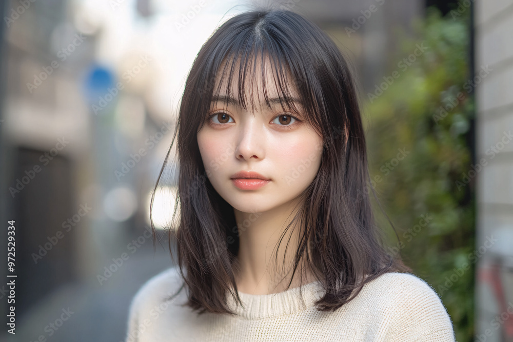 Young Japanese girl in a city street looking at the camera. Young Japanese girl in a city street looking at the camera.
