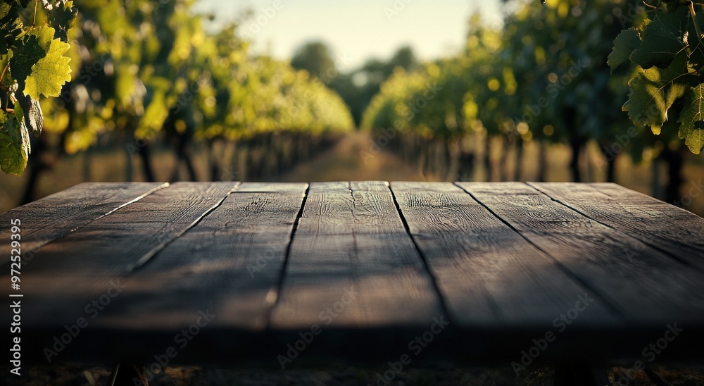 Fototapeta premium A rustic wooden table in a vineyard, surrounded by lush grapevines under soft sunlight.