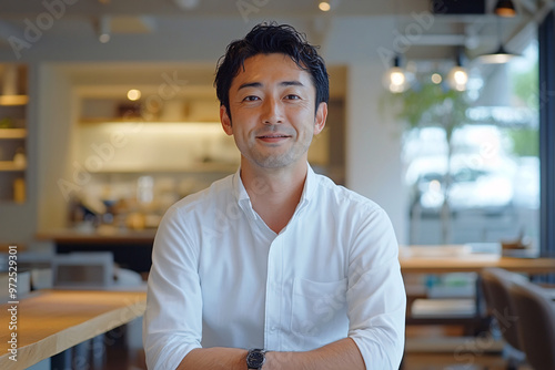 A Japanese man is smiling in a restaurant. He is wearing a white shirt and a watch.