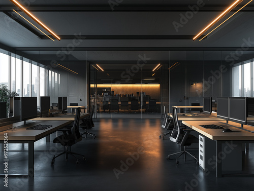 Spacious empty modern office with large windows, minimalist furniture, and bright natural lighting. The sleek, open layout features clean lines and a professional, contemporary atmosphere.

