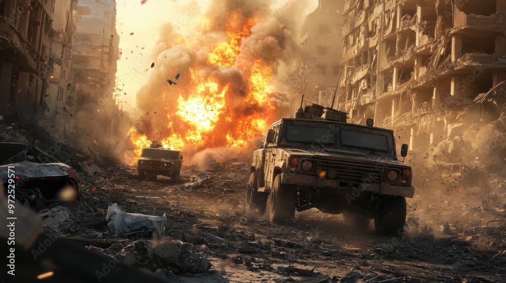 Chaos in the Urban War Zone: Military Convoy Amidst Destruction with Explosions in the Background Chaos in the Urban War Zone: Military Convoy Amidst Destruction with Explosions in the Background