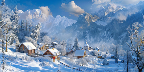 SnowCovered Alpine Village Nestled Between Majestic Mountains  Charming Snow-Covered Village in the Heart of Alpine Mountains photo