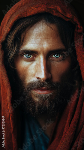 Portrait of Jesus Christ, capturing his serene and compassionate demeanor. The image often features traditional elements such as gentle facial expressions, flowing hair, and a symbolic aura, represent
