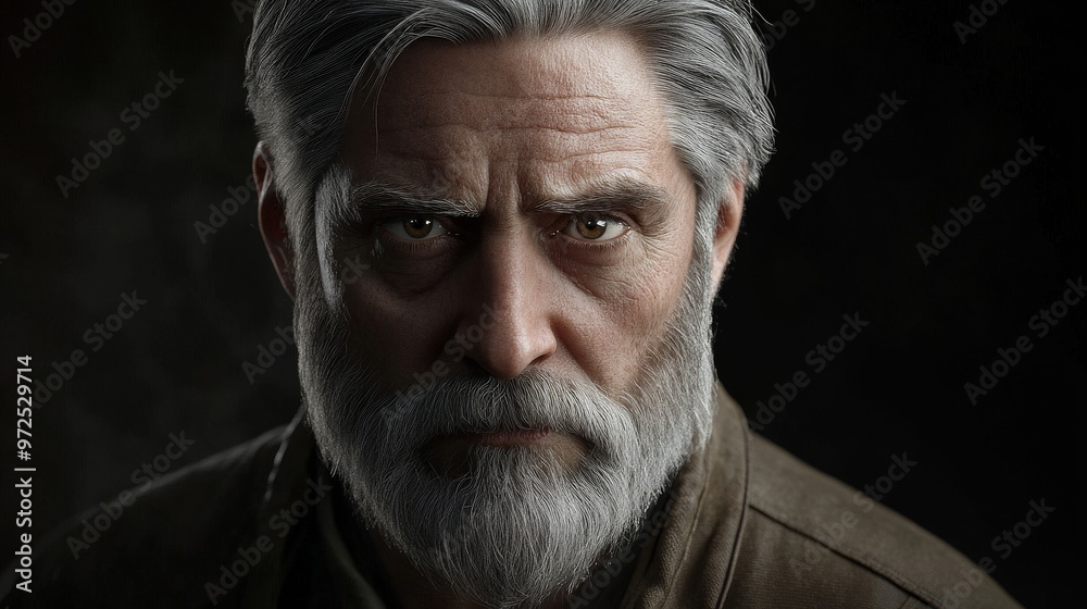 Fototapeta premium He has gray hair and a beard, his eyes filled with wisdom, as the dramatic lighting emphasizes his character and life's stories.