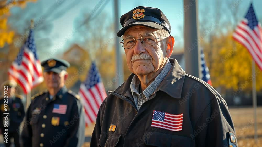 Portrait of elderly American veteran in uniform with cap and medals. Senior military serviceman at patriotic ceremony with US flags and autumn background